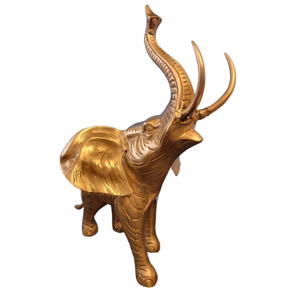 Vtg MCM Brass Elephant w/Raised Trunk, a Symbol of Good Luck Large 21"x20"x12"